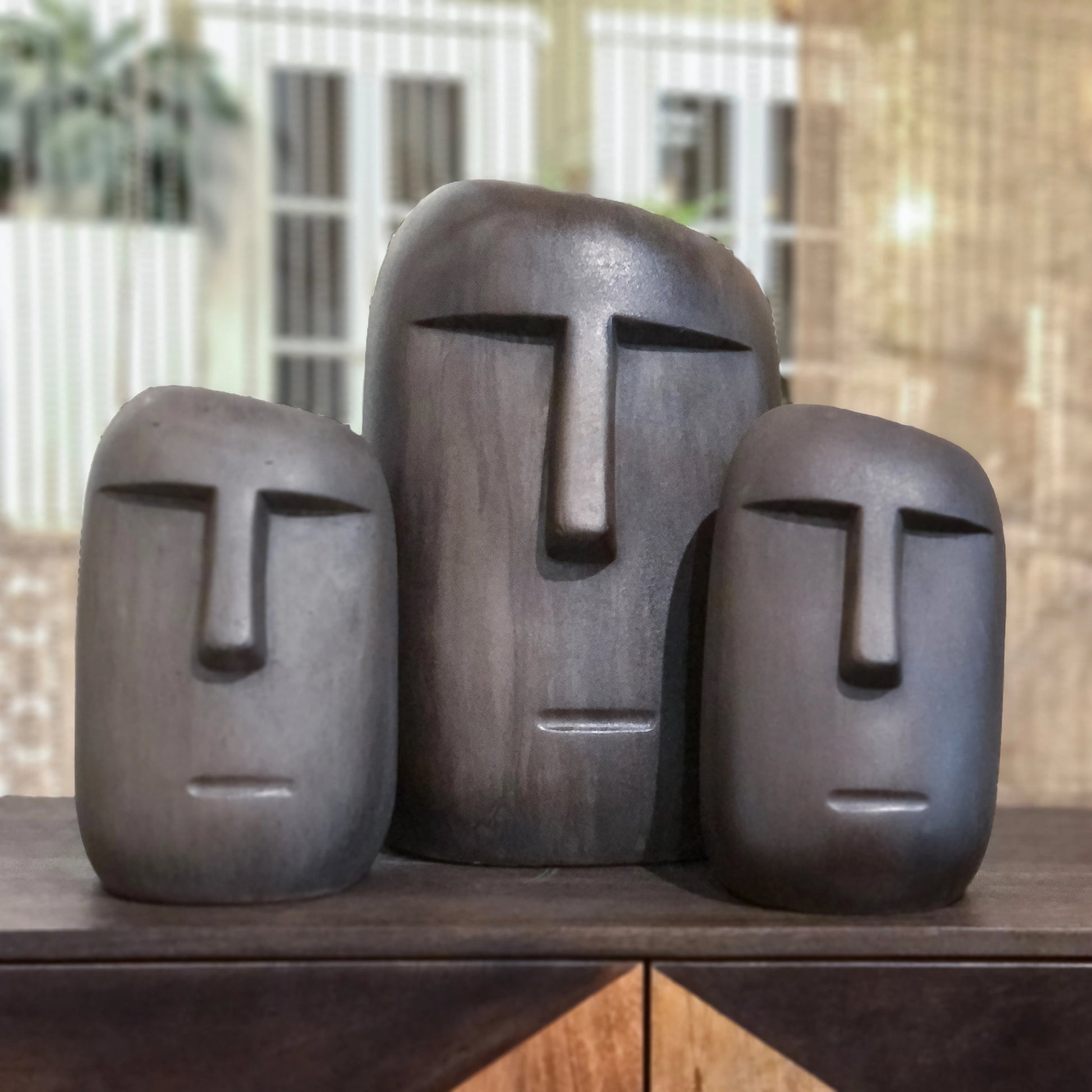 Patio Moai Statue by LH Imports in dark brown. Made from ficonstone antique brown in a modern style.