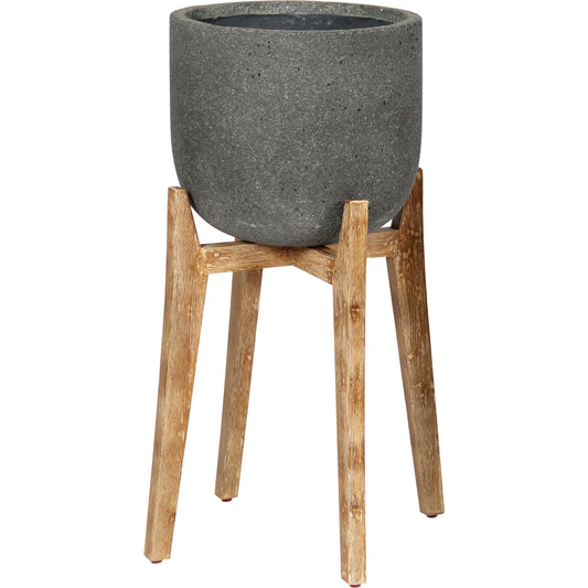 Patio Round Standing Pot by LH Imports in grey stone and distressed natural. Made from acacia, ficonstone laterite grey in a modern style.