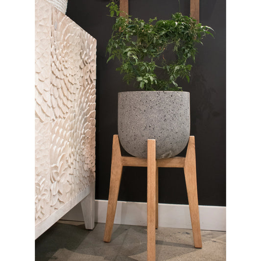Patio Round Standing Pot by LH Imports in grey stone and distressed natural. Made from acacia, ficonstone laterite grey in a modern style.