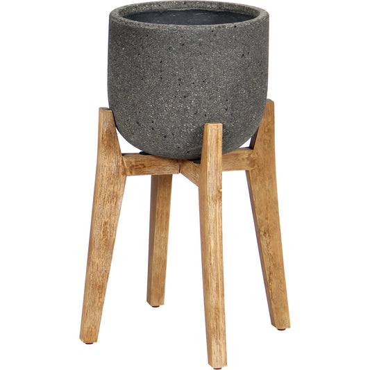 Patio Round Standing Pot by LH Imports in grey stone and distressed natural. Made from acacia, ficonstone laterite grey in a modern style.