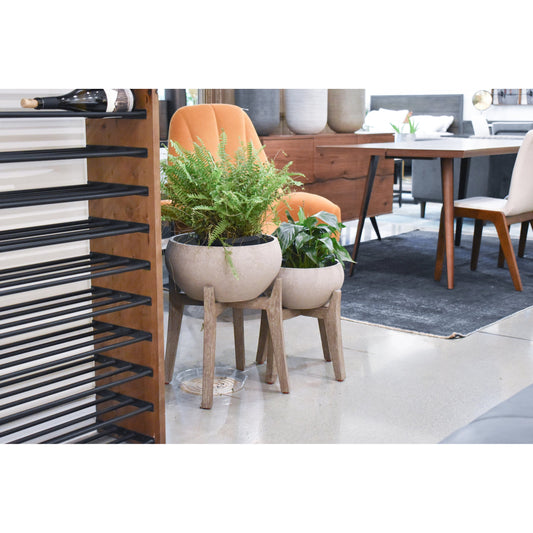 Patio Standing Urn by LH Imports in brown stone and distressed brown. Made from acacia, ficonstone brown stone in a modern style.