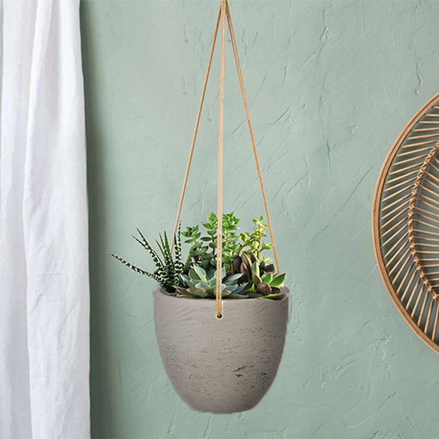 003 SI-2004187 | Lifestyle | Classic Hanging Pot by LH Imports in cement grey. Made from cement, brown polyester rope in a modern style.
