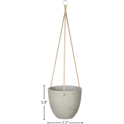 Classic Hanging Pot by LH Imports in cement grey. Made from cement, brown polyester rope in a modern style.