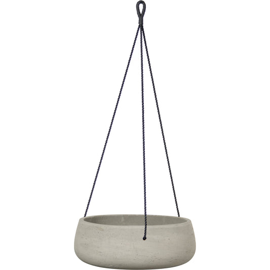 Circular Hanging Pot by LH Imports in cement grey. Made from cement, black polyester rope in a modern style.