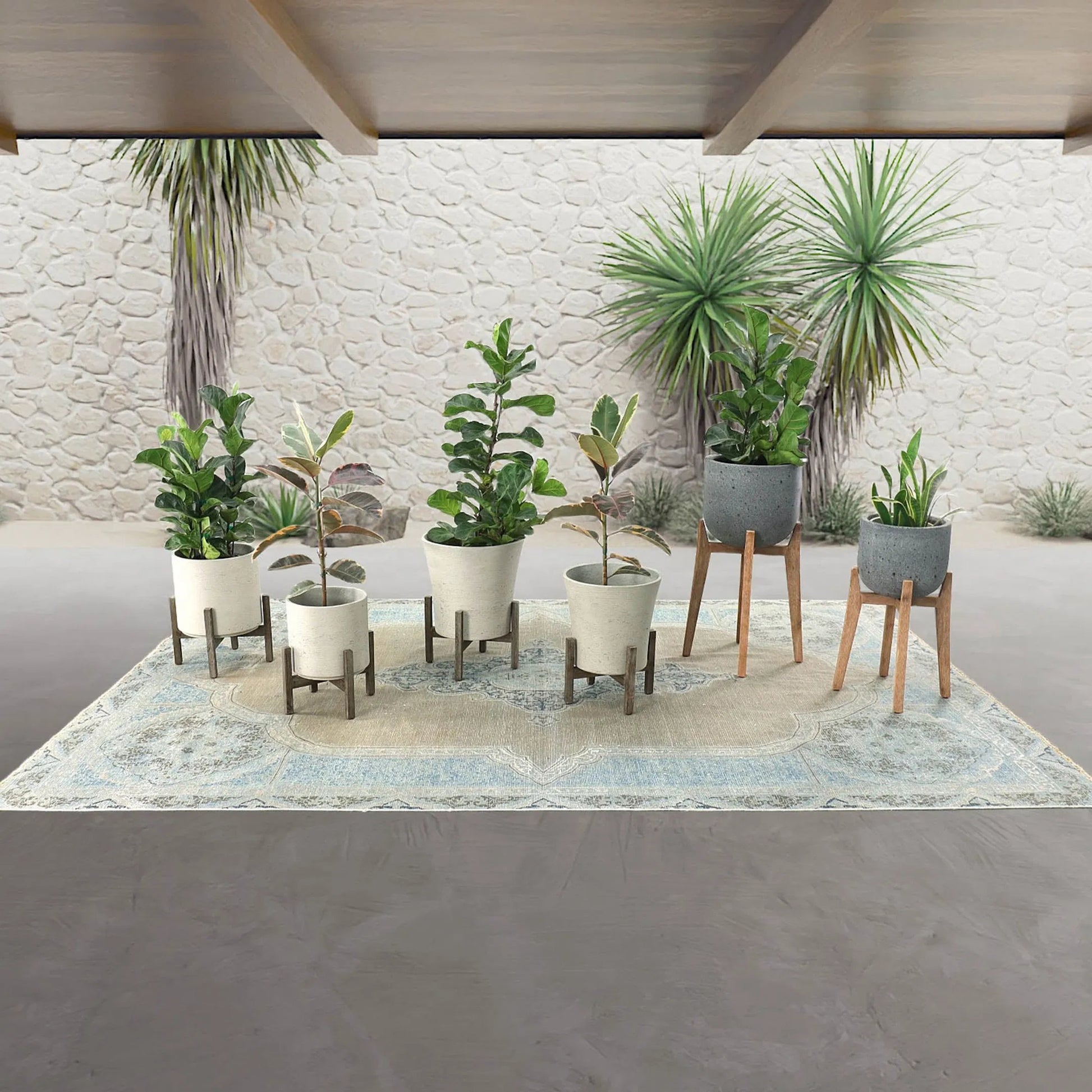 Patio Tapered Standing Pot by LH Imports in cement grey and brown washed. Made from cement, solid acacia in a modern style.