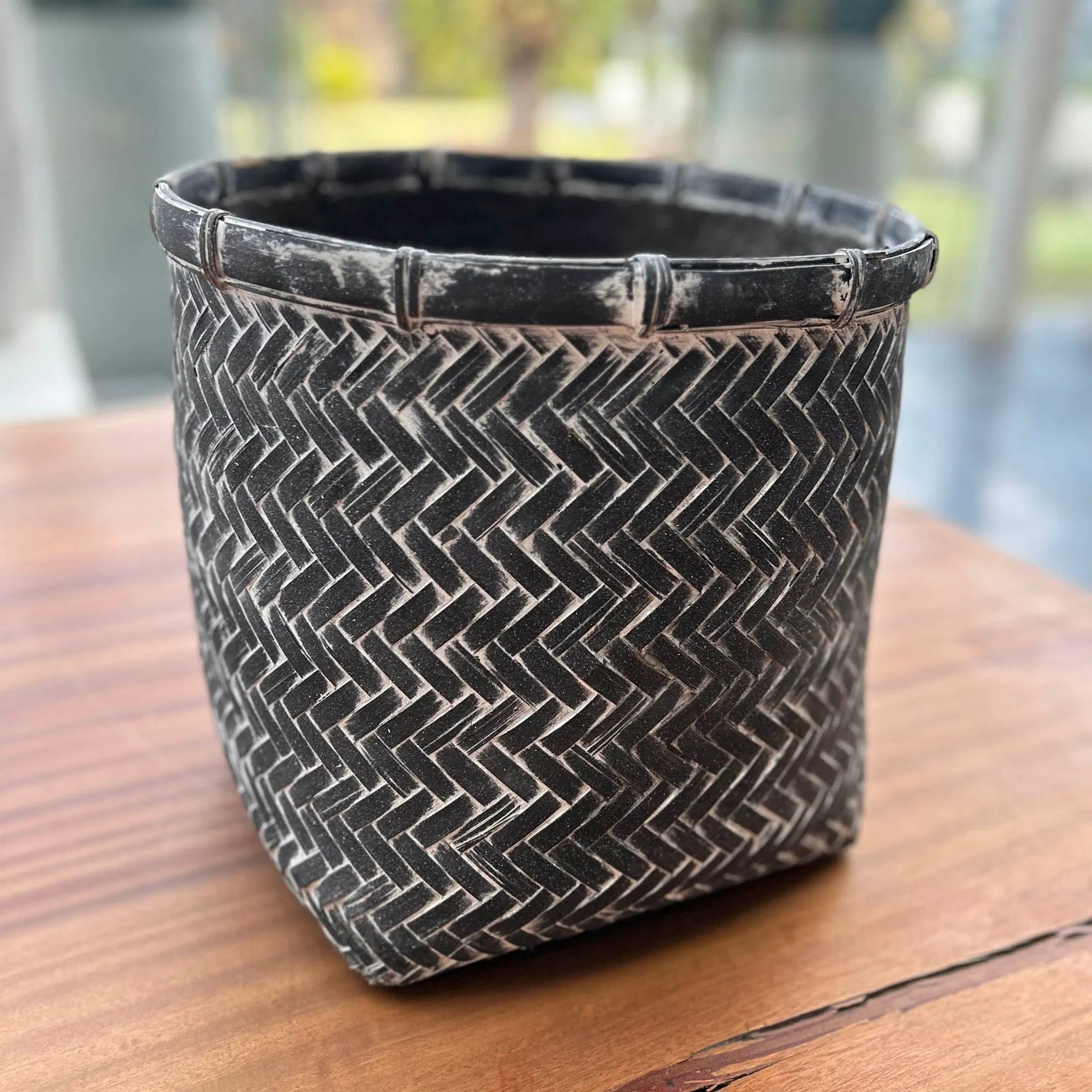 Bamboo Indoor Square Basket Pot by LH Imports. Made from bamboo, concrete in a unique style.