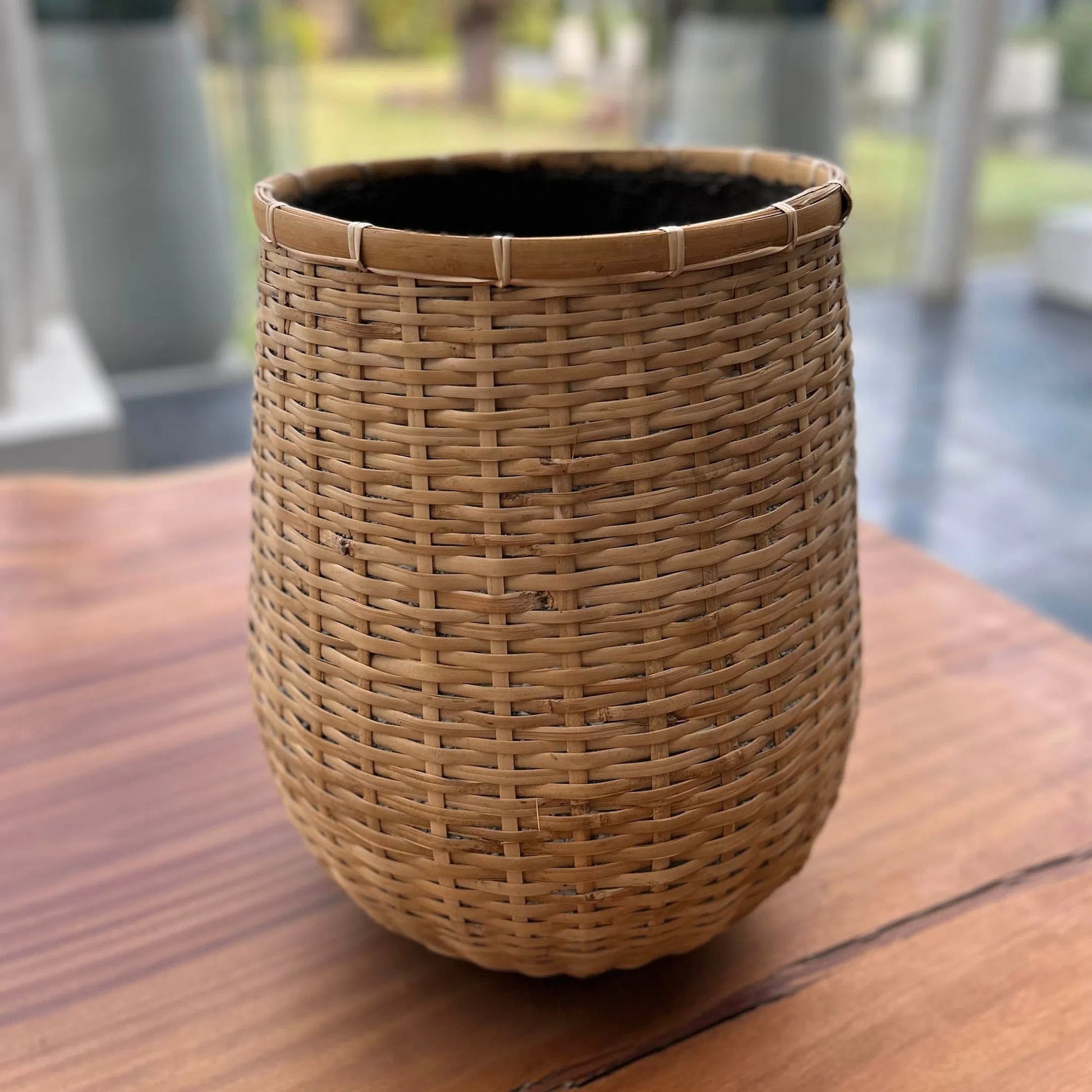 Bamboo Indoor Basket Pot by LH Imports in light brown and natural. Made from bamboo, concrete in a unique style.