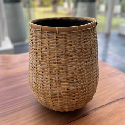 Bamboo Indoor Basket Pot by LH Imports in light brown and natural. Made from bamboo, concrete in a unique style.