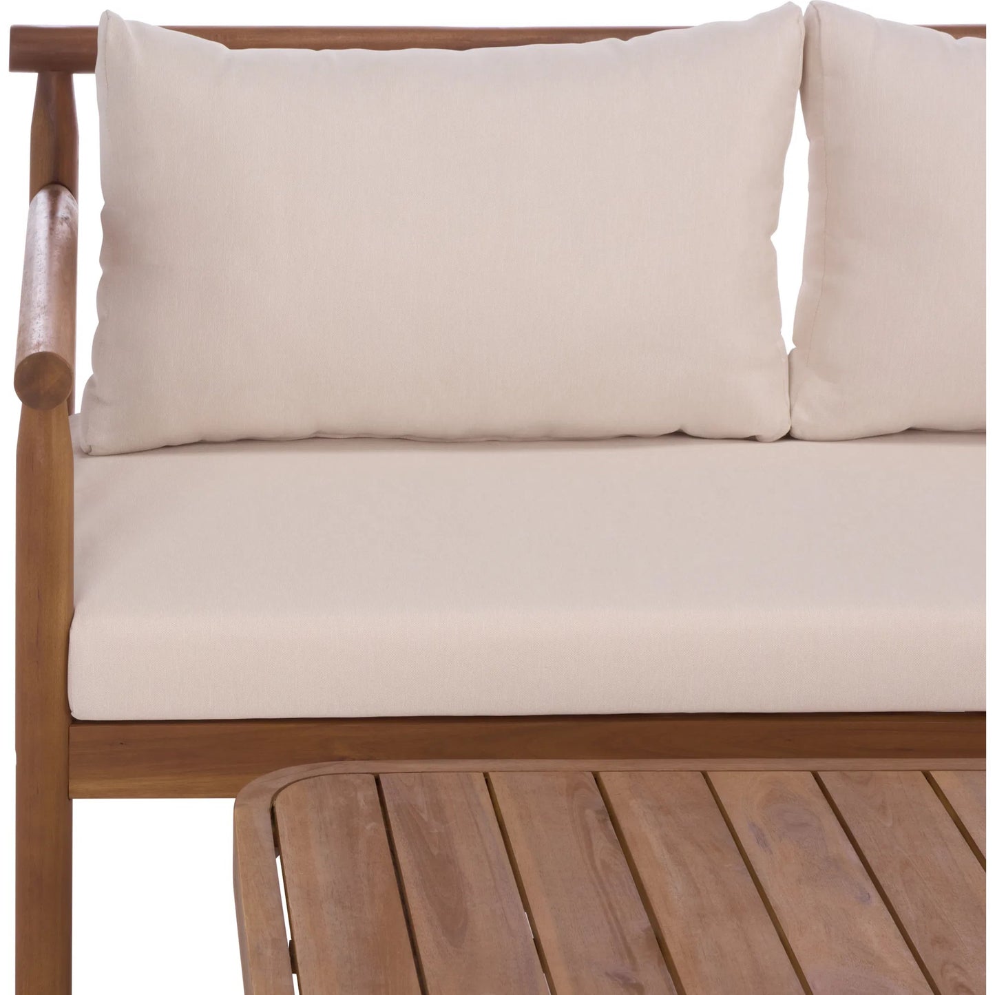 002 SI-2454063 | Closeup | Zeandale Bench + Table by HedgeApple Essentials in teak brown, cream. Made from acacia, poly cd, foam in a transitional style.
