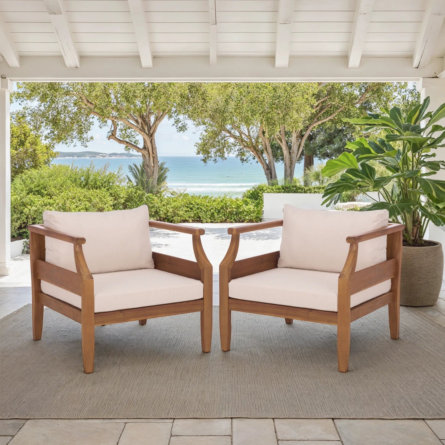 011 SI-2454066 | Lifestyle | McPherson Chair (Set of 2) by HedgeApple Essentials in teak brown, cream. Made from acacia, poly cd, foam in a transitional style.