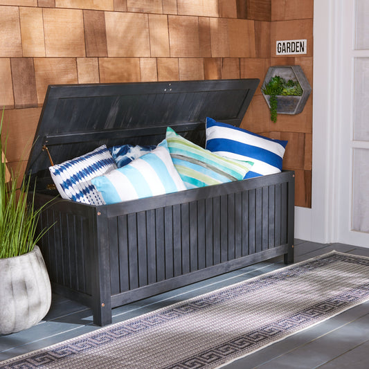 Abri Cushion Box by Safavieh. Made from eucalyptus wood, galvanized steel in a coastal style.