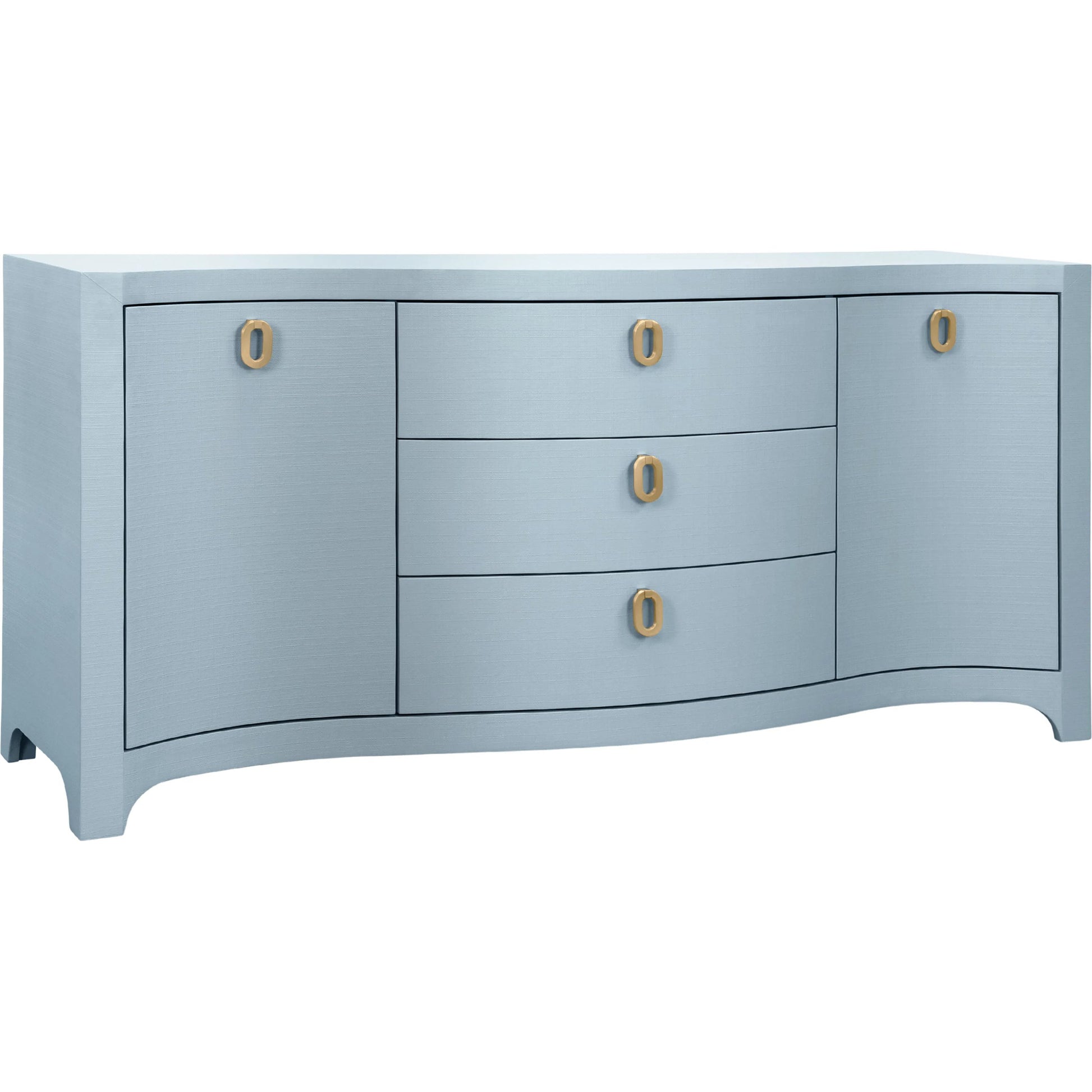 Paulina Curved Front Two Door Three Drawer Buffet by Worlds Away. Made from solid wood, mdf, linen in a eclectic & global style.