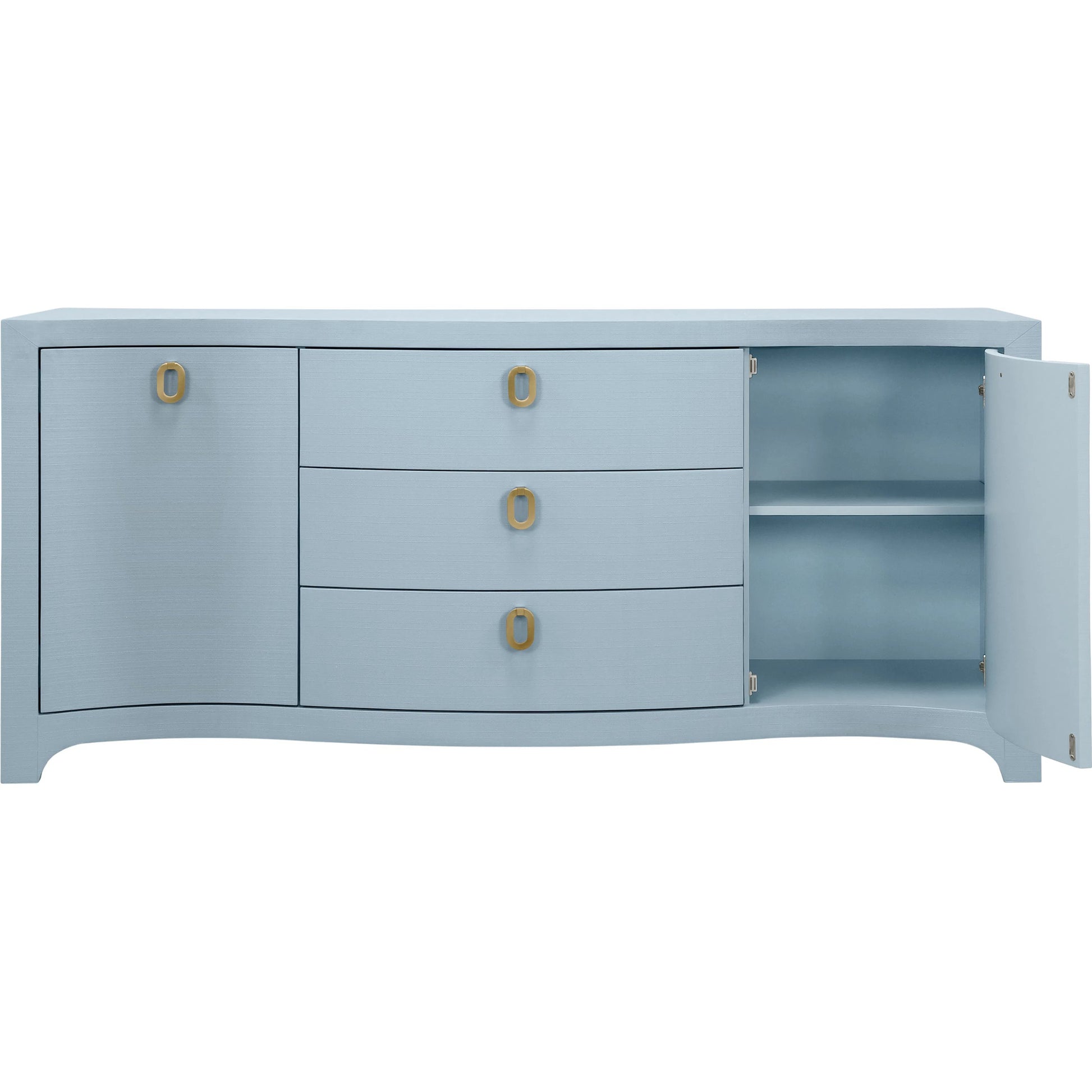 Paulina Curved Front Two Door Three Drawer Buffet by Worlds Away. Made from solid wood, mdf, linen in a eclectic & global style.