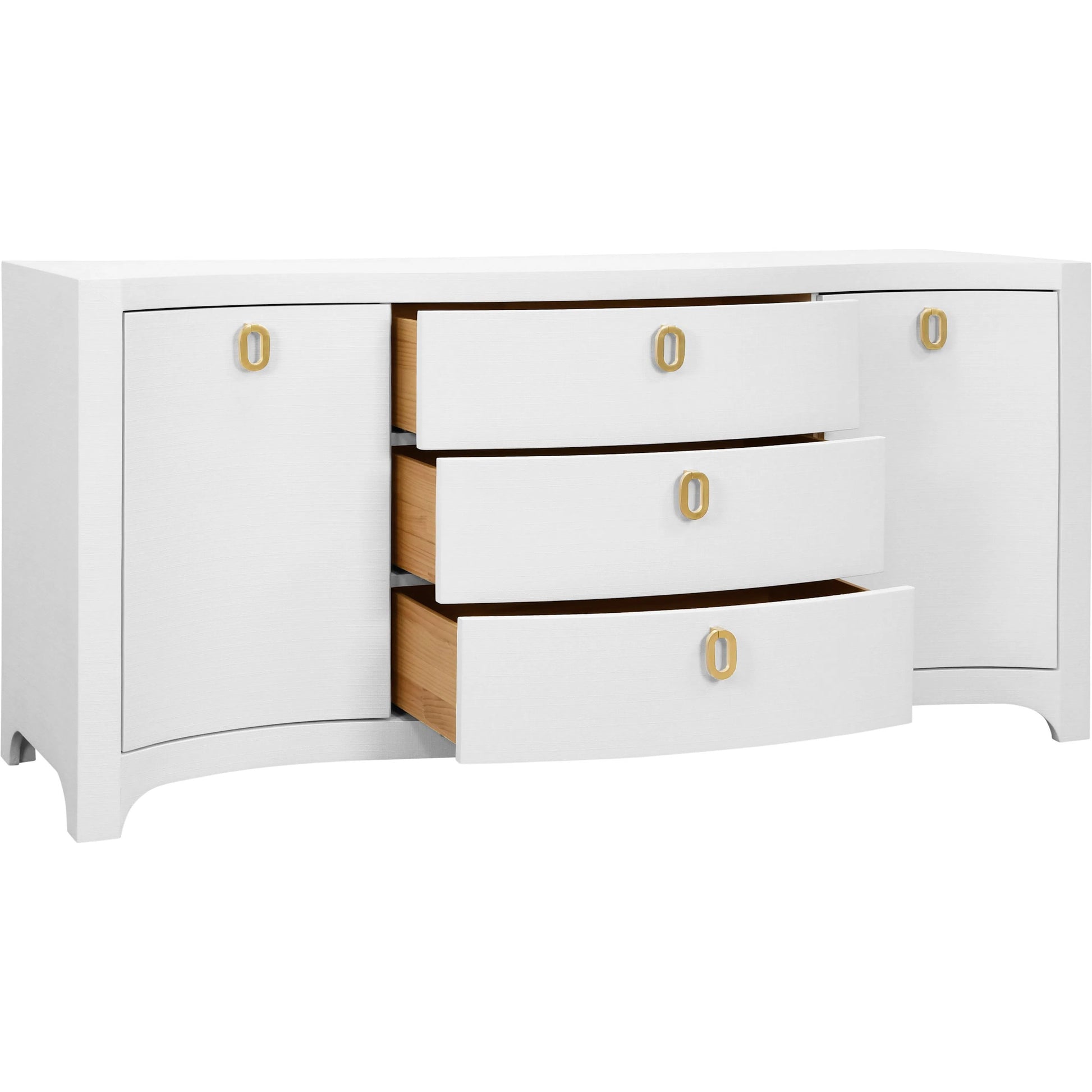 Paulina Curved Front Two Door Three Drawer Buffet by Worlds Away. Made from solid wood, mdf, linen in a eclectic & global style.