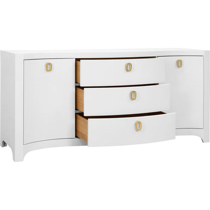 Paulina Curved Front Two Door Three Drawer Buffet by Worlds Away. Made from solid wood, mdf, linen in a eclectic & global style.