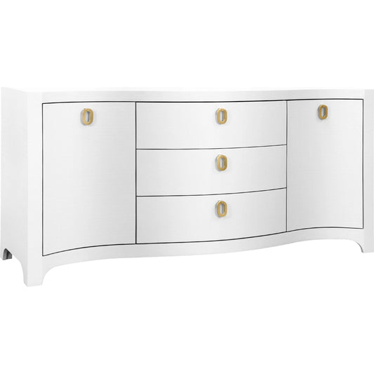 Paulina Curved Front Two Door Three Drawer Buffet by Worlds Away. Made from solid wood, mdf, linen in a eclectic & global style.