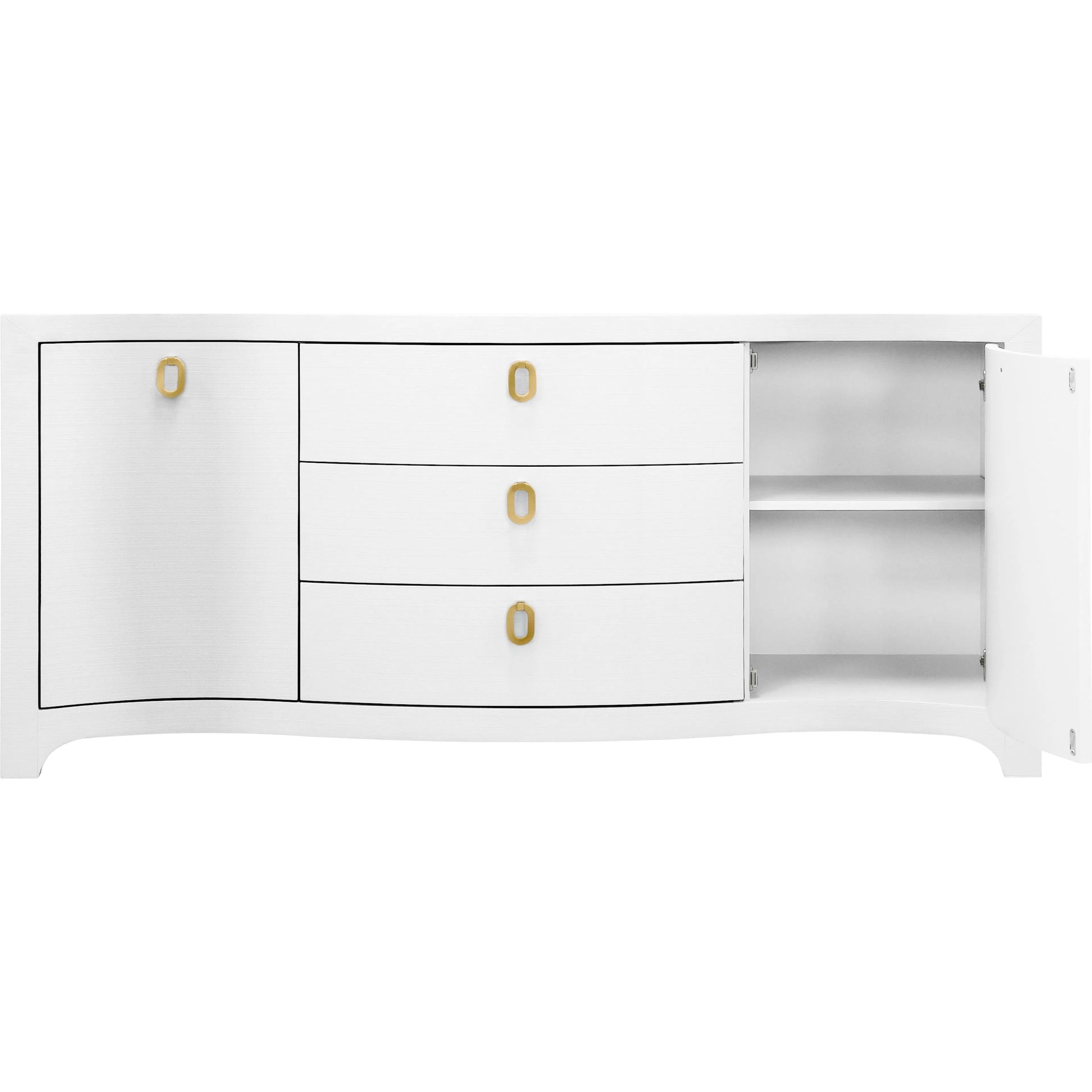 Paulina Curved Front Two Door Three Drawer Buffet by Worlds Away. Made from solid wood, mdf, linen in a eclectic & global style.