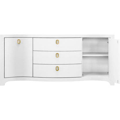 Paulina Curved Front Two Door Three Drawer Buffet by Worlds Away. Made from solid wood, mdf, linen in a eclectic & global style.