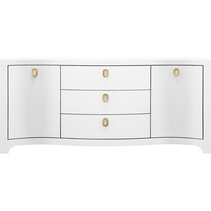 Paulina Curved Front Two Door Three Drawer Buffet by Worlds Away. Made from solid wood, mdf, linen in a eclectic & global style.