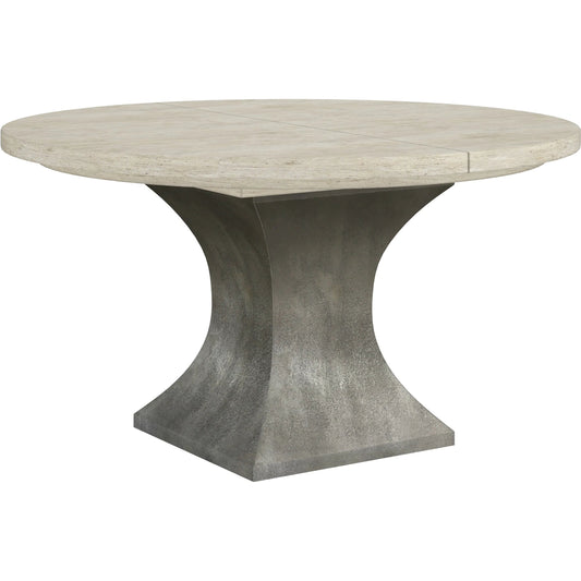Cotiere Round Dining Table by A.R.T. Furniture in linen, sanded bronze. Made from parawood solids, mixed split cathedral, quarter white oak veneers, fabric in a unique style.