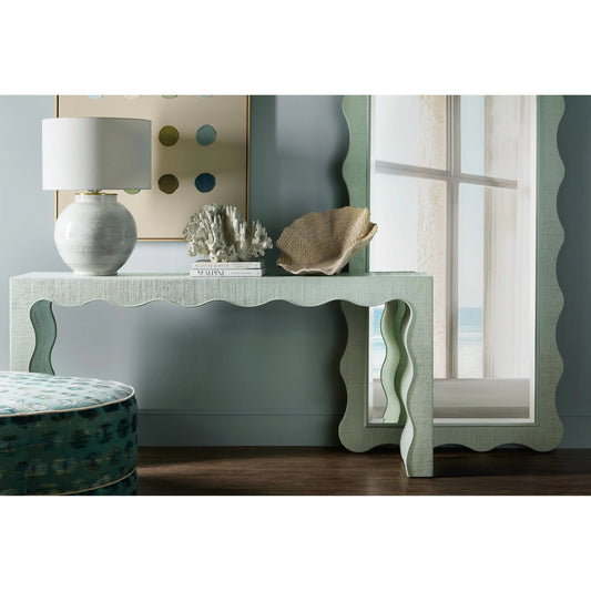 Commerce and Market Waverly Console Table by Hooker Furniture in blue-green painted raffia. Made from wood, raffia in a eclectic & global style.