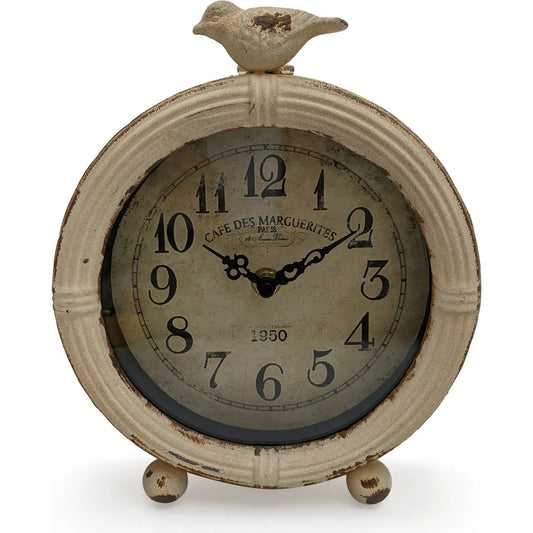Distressed Off-White Table Clock by Zentique in rustic off-white. Made from iron in a cottage & farmhouse style.