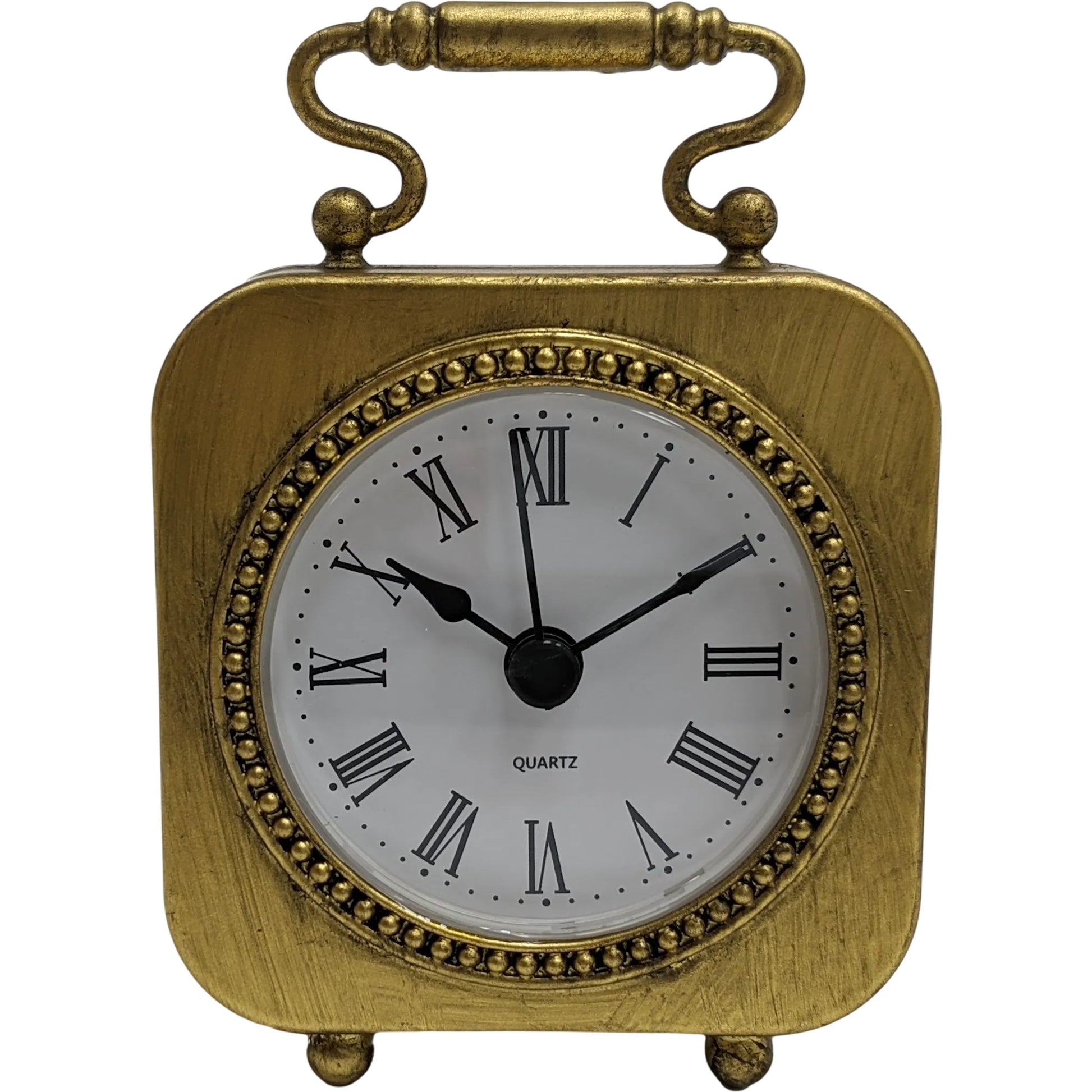 Gold Table Clock by Zentique in distressed gold. Made from iron in a traditional style.