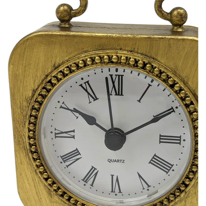 Gold Table Clock by Zentique in distressed gold. Made from iron in a traditional style.