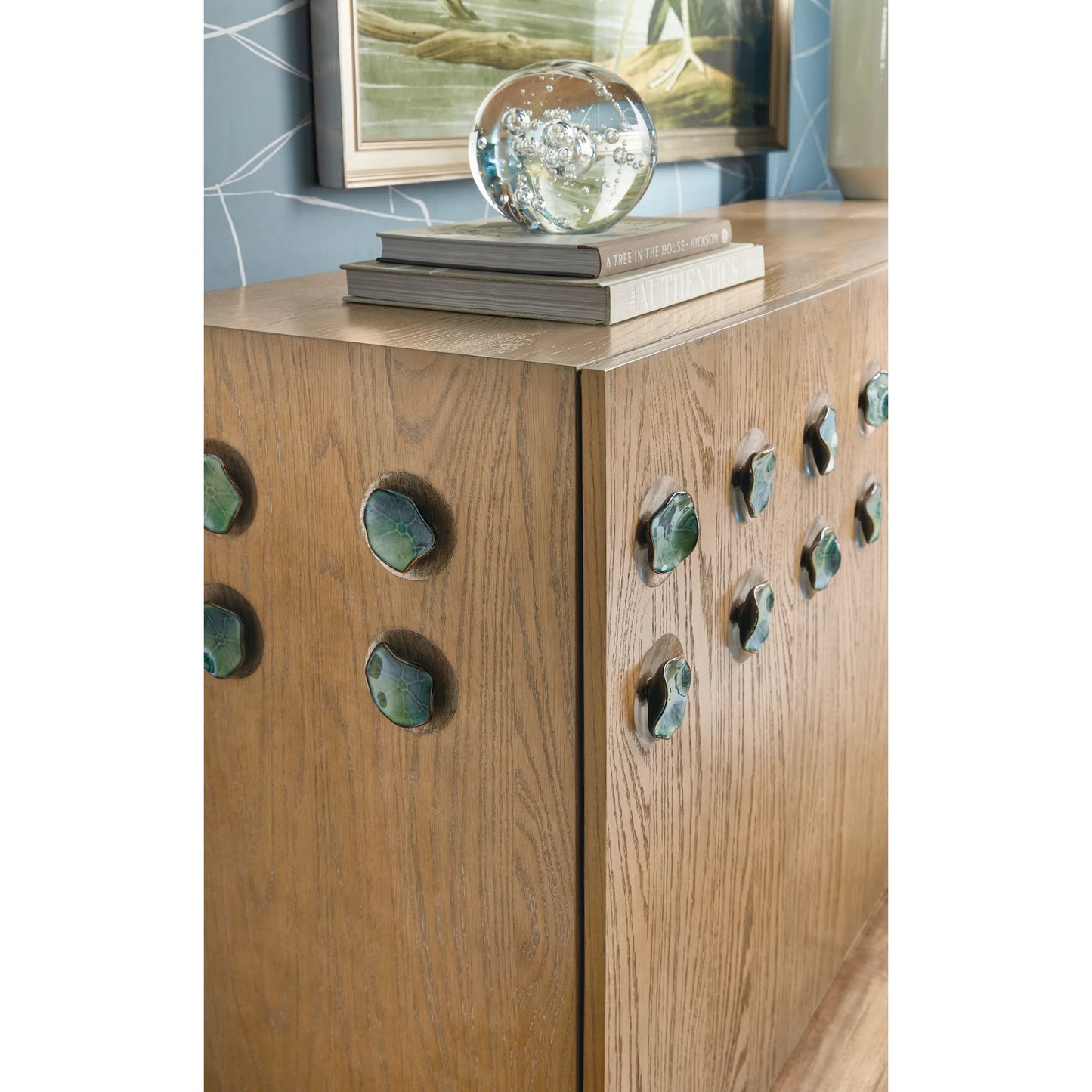 007 SI-2250751 | Closeup | Commerce and Market Pilea Entertainment Credenza by Hooker Furniture. Made from oak solids, oak veneers, ceramic handles in a transitional style.