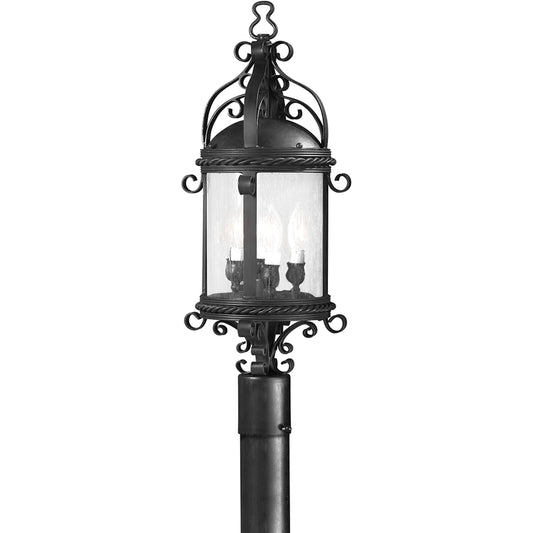Pamplona Post Lantern by Troy in old bronze. Made from hand forged iron in a traditional style.