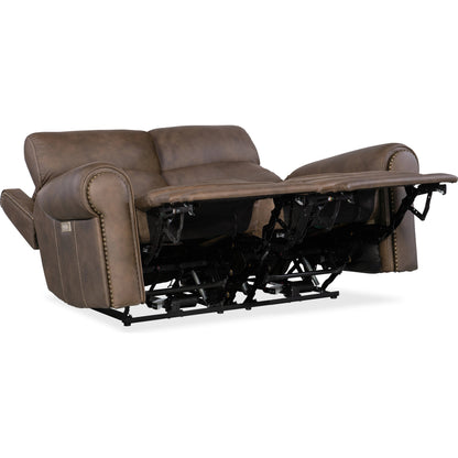 Duncan Power Loveseat by Hooker Furniture in kalahari bark. Made from leather, kalahari bark (semi-aniline top grain with splits) in a traditional style.