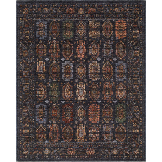 Pacific PCF-2300 Rug by Livabliss in midnight blue, burnt sienna, olive green, copper, charcoal. Made from polyester in a unique style.