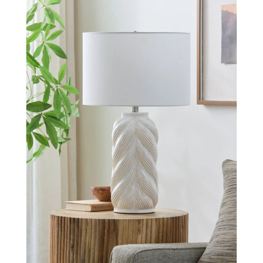 Pescia Accent Table Lamp by Livabliss in white and glazed, plated. Made from ceramic, linen, polyester, iron in a unique style.