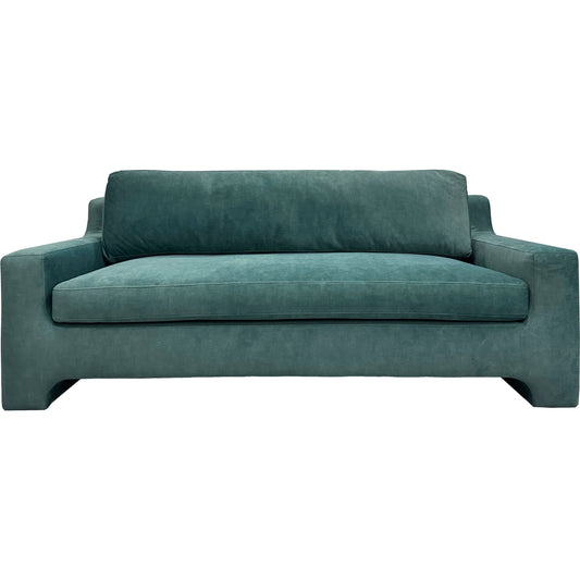 Purcel Sofa by Surya in ash blue and wood finish. Made from upholstery: polyester, base: rubber wood, fill: 40% polyurethane foam, 60% polyester, polyfill in a modern style.