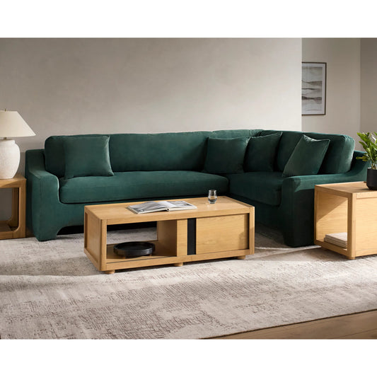 Purcel Sectional Sofa by Surya in ash blue and wood finish. Made from upholstery: polyester, base: rubber wood, fill: polyurethane foam, fill: 40% polyurethane foam, 60% polyester, polyfill in a modern style.