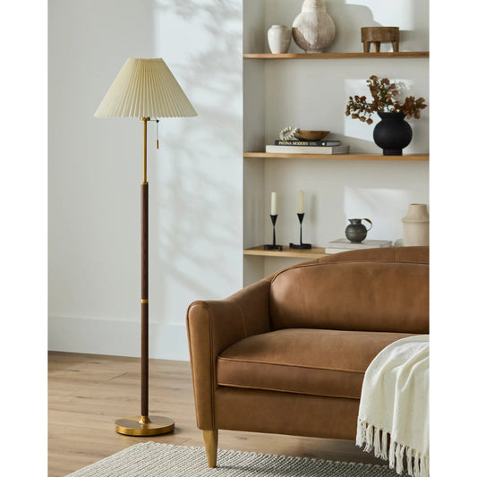 Parco Accent Floor Lamp by Surya in body: brown; shade: white; cord: translucent and painted. Made from wood veneer, linen, plastic in a unique style.