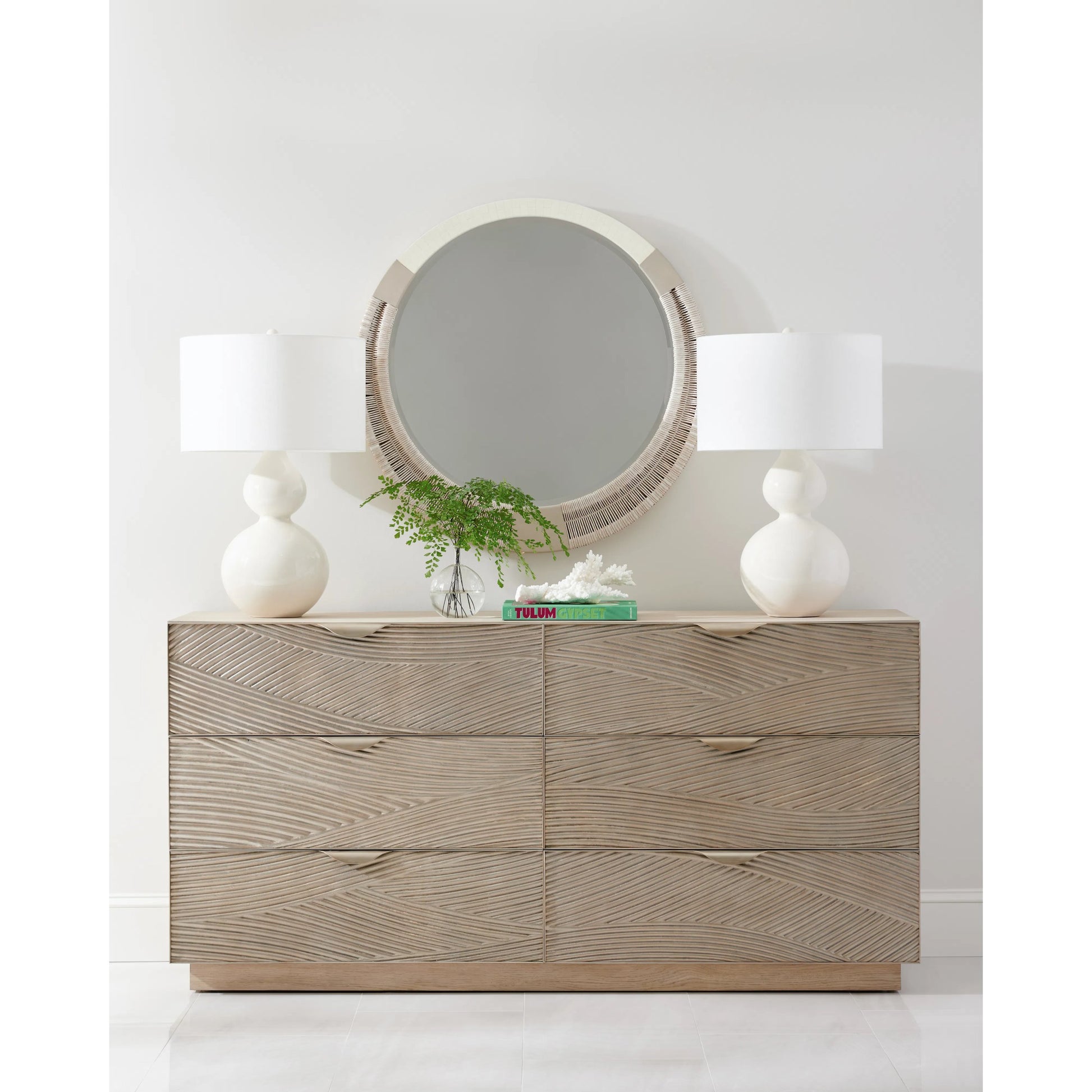 Water Gyre Round Multimedia Mirror by Jonathan Charles in grasscloth, danish cord, faux bone. Made from danish cord, leather in a modern style.