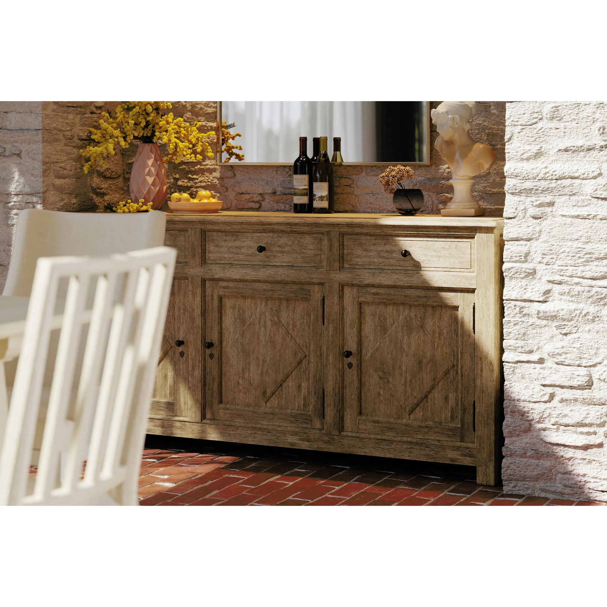 Timeless Eon Rustic French Credenza by Jonathan Charles in brown and stripped brown chestnut. Made from oak in a modern style.