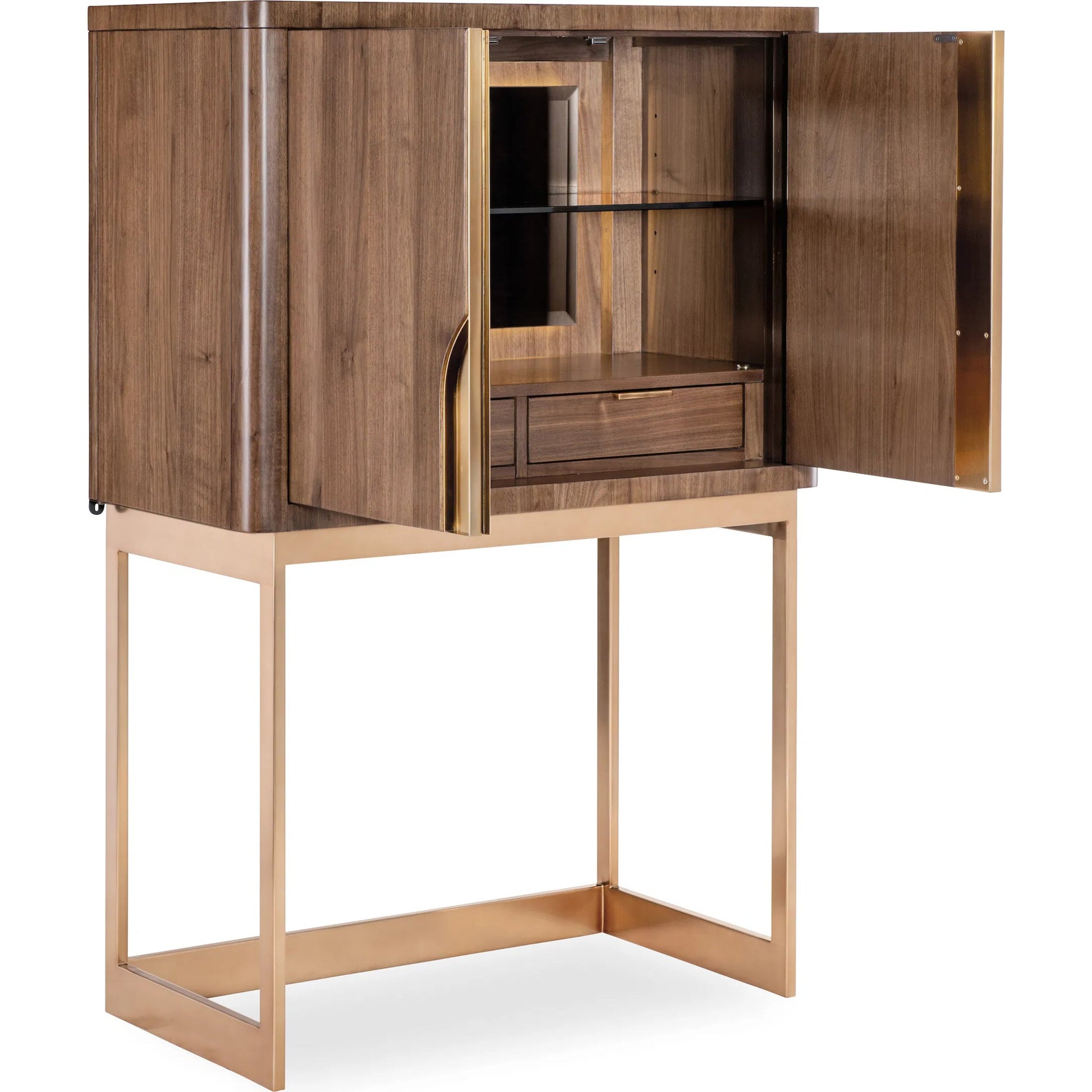 Eleana Bar on Stand by Hooker Furniture in light caramel, sunlit bronze metal. Made from walnut veneers, mirror, metal in a traditional style.