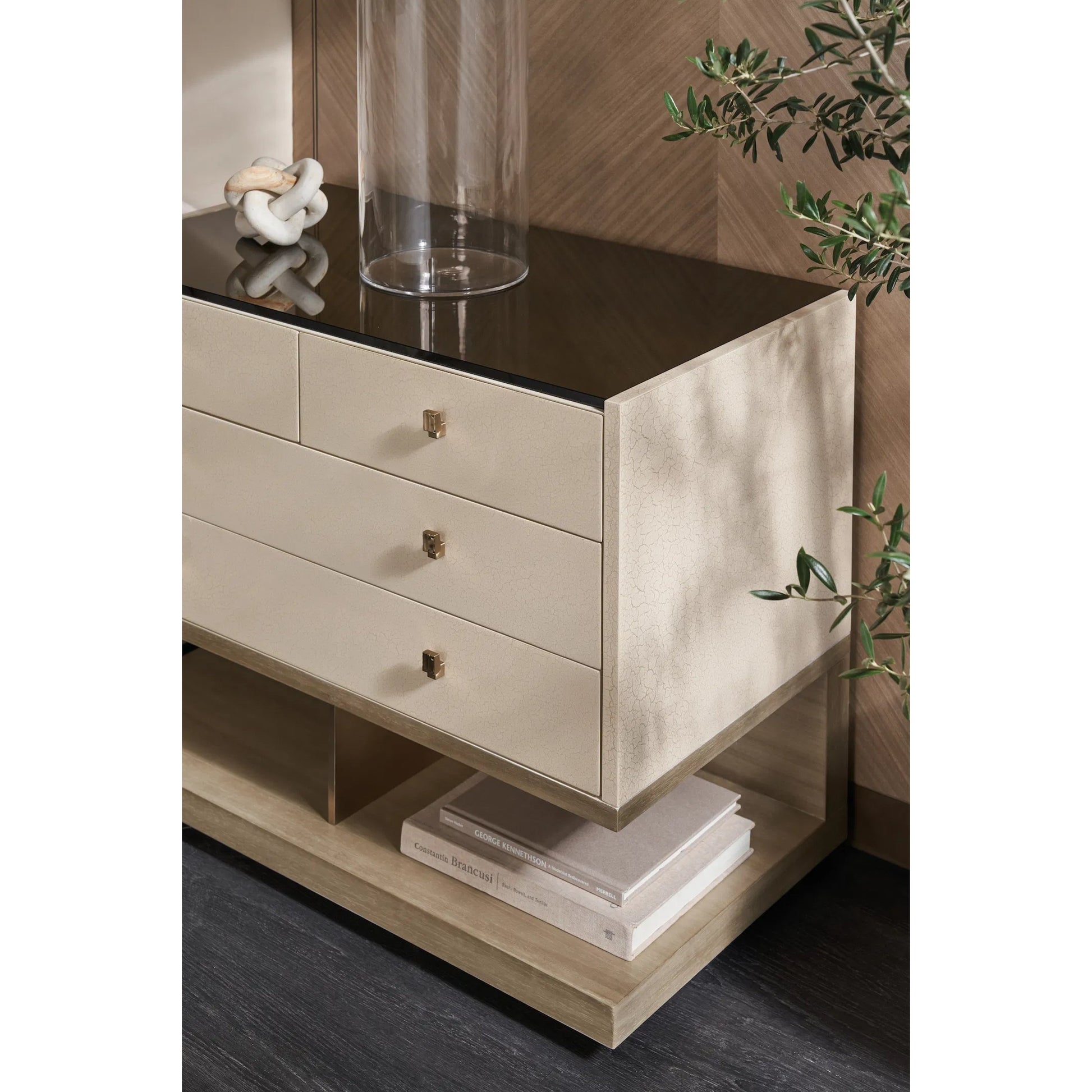 Odyssey Nightstand by Caracole in smoked, bronze, gold and ivory craze, dry martini. Made from poplar, glass, koto in a transitional style.