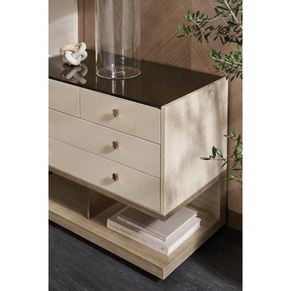 Odyssey Nightstand by Caracole in smoked, bronze, gold and ivory craze, dry martini. Made from poplar, glass, koto in a transitional style.