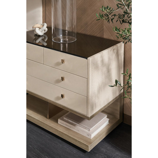 Odyssey Nightstand by Caracole in smoked, bronze, gold and ivory craze, dry martini. Made from poplar, glass, koto in a unique style.