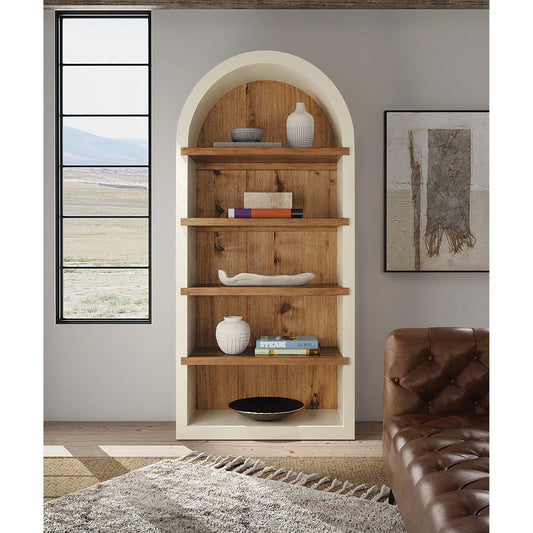 Big Sky Tahoe Etagere by Hooker Furniture in avalanche white, vintage natural. Made from pecky hickory, maple veneers in a modern style.