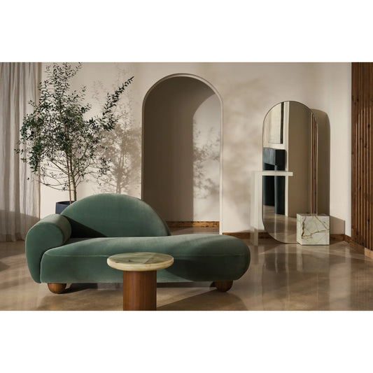 Cypress Chaise by Caracole in retro walnut. Made from walnut in a unique style.