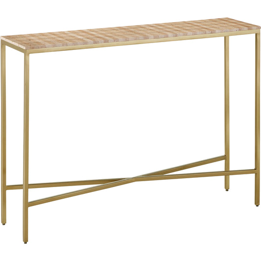 Dezi Console Table by Currey and Company in natural, brass. Made from travertine, brass, iron in a unique style.