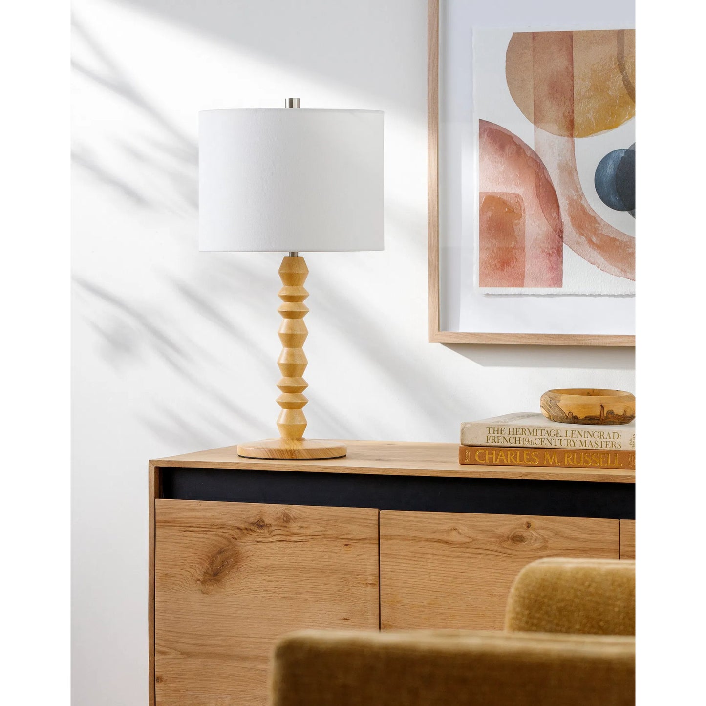 002 SI-2168595 | Lifestyle | Padauk Table Lamp - 535699 by Livabliss in body: beige, base: cream, shade: white, finial: metallic - silver, cord: translucent and paintedpaintedplated. Made from wood veneer, linen, polystyrene in a modern style.