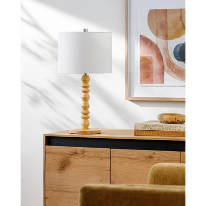 Padauk Table Lamp - 535699 by Livabliss in body: beige, base: cream, shade: white, finial: metallic - silver, cord: translucent and paintedpaintedplated. Made from wood veneer, linen, polystyrene in a modern style.
