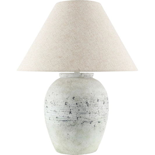 Padula Accent Table Lamp by Surya in white, wheat. Made from cement, linen, plastic, iron in a transitional style.