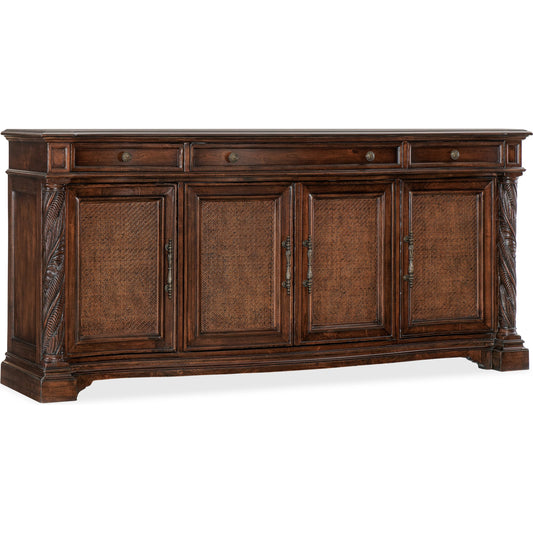 Charleston Four Door-Three Drawer Buffet by Hooker Furniture in maraschino cherry. Made from cherry veneers, maple inlay, resin, cane, solid-wood edge top in a traditional style.