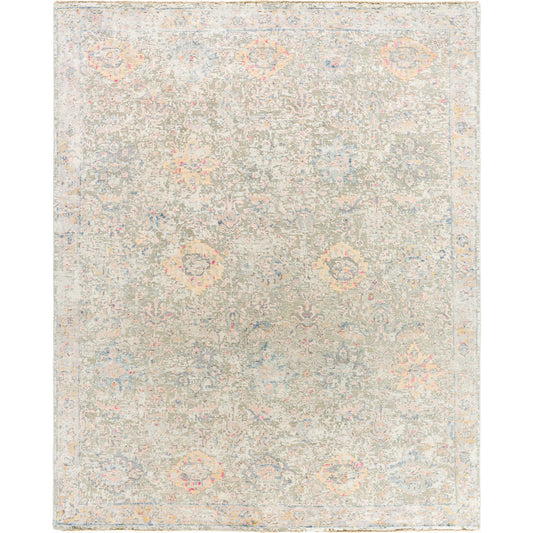 Piccadilly Rug by Surya in tan, light sage, seafoam, peach, beige, mustard, dusty coral, blue. Made from main: 70% silk, main: 30% wool in a modern style.